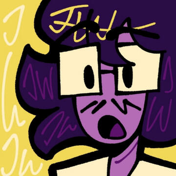 A profile picture of Jinksle Pinksle featuring a purple person with a mustache, short hair and glasses looking in surprise